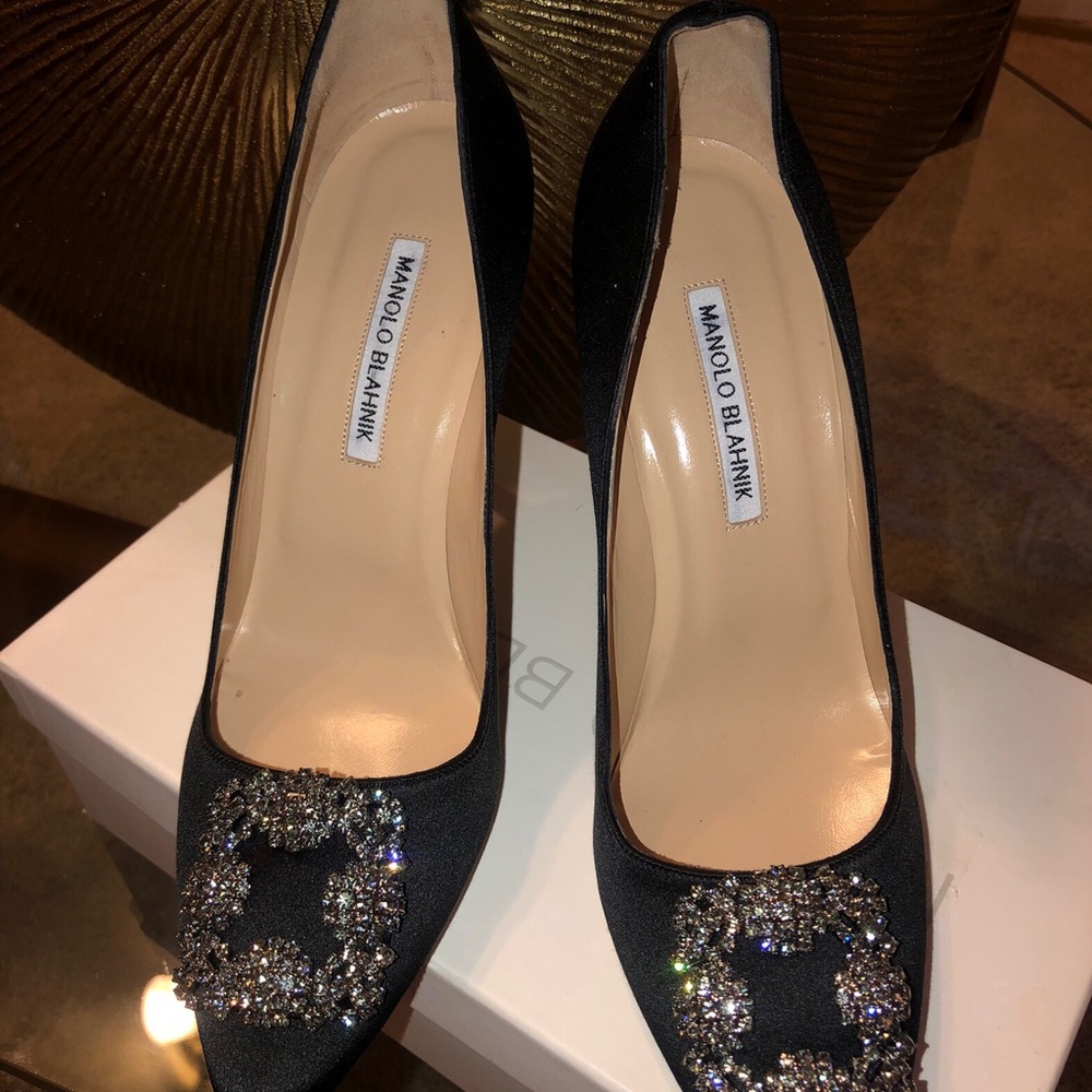 Manolo Blahnik Black Heels with Crystal Embellishments